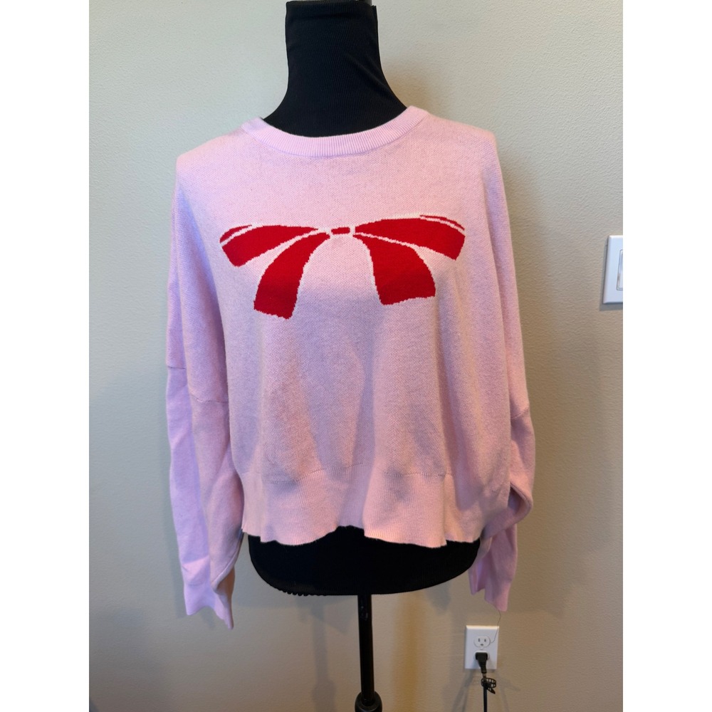COTTON ON Pink Bow Cropped Cotton Blend Pullover Crew Neck Sweater Top